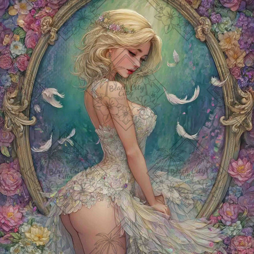 Elegant blonde woman in a feathered white fantasy gown surrounded by ornate florals and floating feathers.