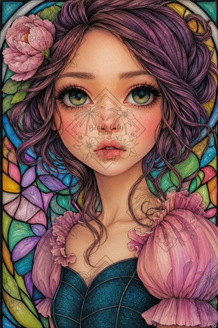 Fantasy girl with violet hair surrounded by colorful stained glass florals and soft pink blossoms.