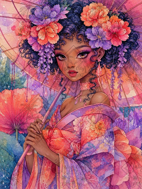 Fantasy woman holding a floral parasol surrounded by vibrant pink and lavender blossoms in watercolor style.
