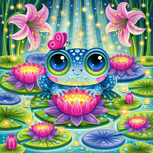 Adorable blue frog with oversized glowing eyes sitting on a pink lotus flower surrounded by sparkling lily pads and flowers in a fantasy pond scene by Cocomarshmallow Art for Beach City Boutique.