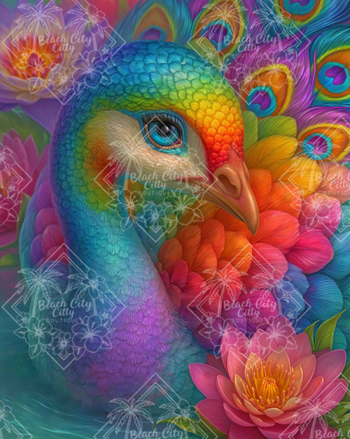 Elly AI colorful peacock with rainbow feathers surrounded by lotus flowers in vibrant detailed fantasy style