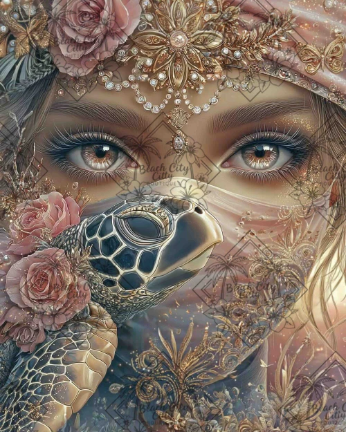 Elly AI elegant woman with ornate gold jewelry and turtle companion with soft blush floral details