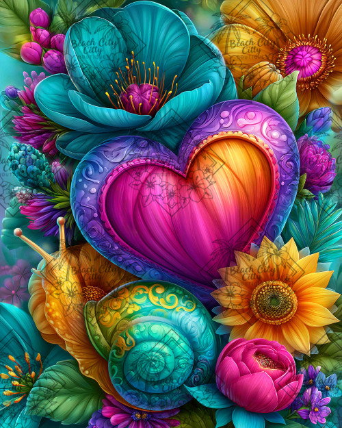 Colorful rainbow snail beside a vibrant heart surrounded by bright flowers in shades of turquoise, pink, purple, and gold.