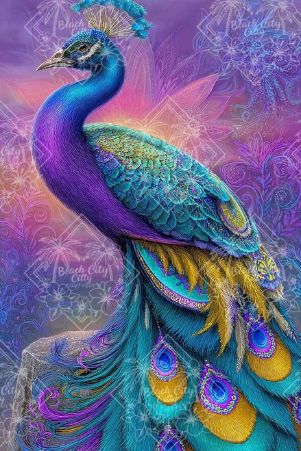 Elegant peacock displaying brilliant blue, purple, turquoise, and gold feathers against a soft mandala-inspired background.