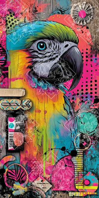 Colorful macaw portrait in bold neon shades against a mixed-media background filled with artistic textures and graphic elements.