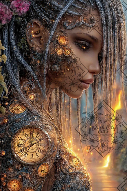 Steampunk-inspired woman adorned with glowing clocks and intricate mechanical details illuminated by warm golden light.