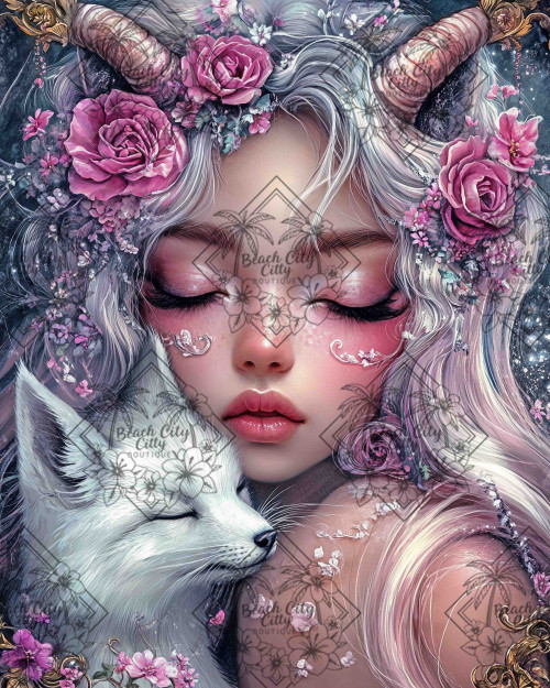 Fantasy girl with delicate horns and pink roses resting peacefully beside a white fox, surrounded by soft floral details and dreamy pastel tones.