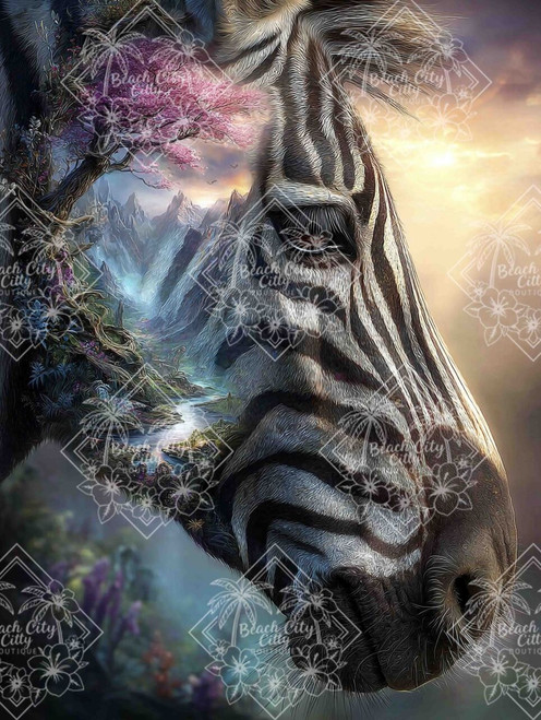 Close-up zebra portrait blended with a fantasy landscape of mountains, rivers, flowers, and a blooming tree.