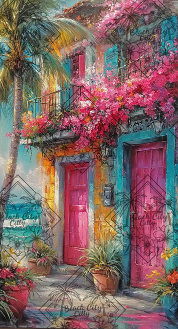 Colorful tropical cottage with vibrant pink flowers, palm trees, and ocean views beside bright coastal architecture.
