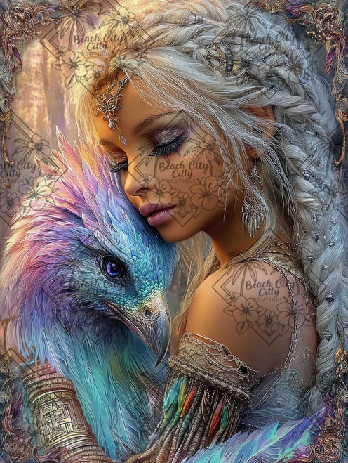 Fantasy woman with braided silver hair embracing a colorful griffin companion in an enchanted woodland setting.