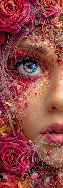 Elly AI close-up of woman’s eye surrounded by red roses and gemstone details with dramatic textures