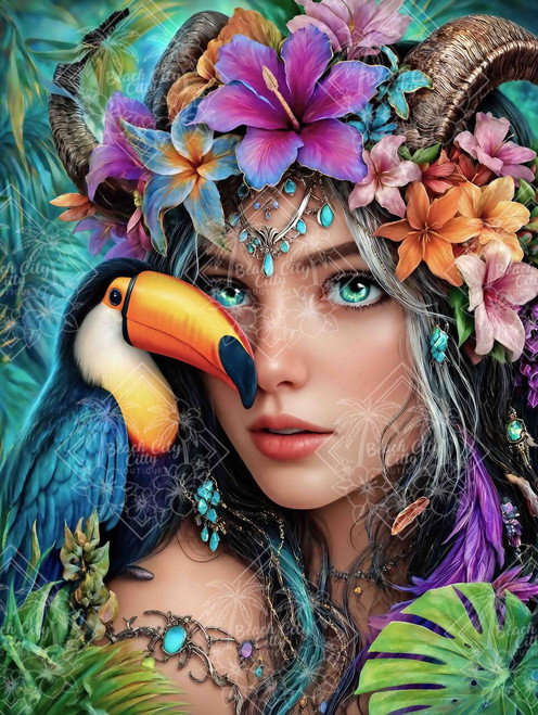 “Tropical Floral Queen” by Sandiretta features a fantasy woman surrounded by vibrant tropical flowers and lush jungle foliage with a colorful toucan companion. This exclusive diamond painting design showcases glowing teal eyes, detailed floral headpieces, jewel accents, and rich tropical colors in a luxurious fantasy portrait.