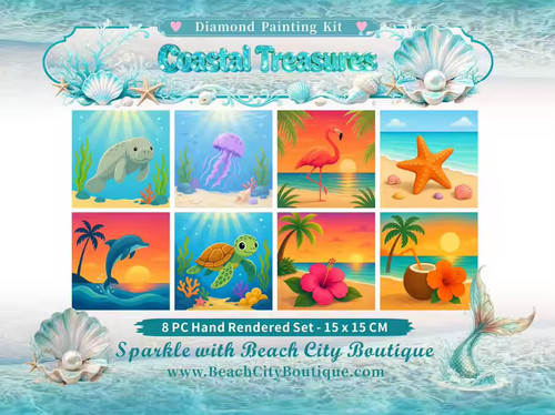 Coastal Treasure mini diamond painting kit collection featuring tropical beach scenes, ocean animals, sunsets, florals, and seaside artwork by Kelly Reins