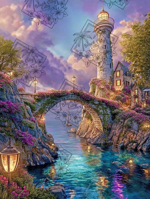 Stone lighthouse and bridge overlooking turquoise water, surrounded by flowers, lanterns, and a glowing coastal village.