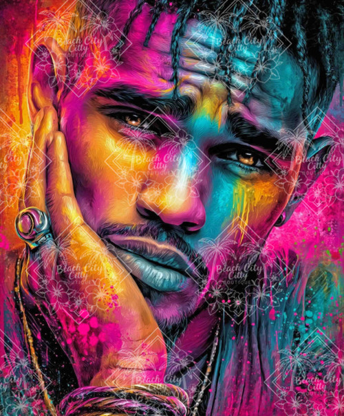 Vibrant portrait of a young man illuminated by bold neon pink, blue, and gold colors in an expressive contemporary art style.