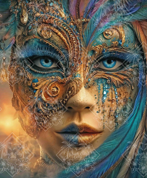 Close-up portrait of a woman wearing an ornate blue and gold Venetian mask adorned with feathers and jewels.