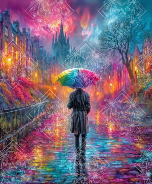 Figure holding a rainbow umbrella while standing on a rain-soaked city street glowing with vibrant colors and reflections.