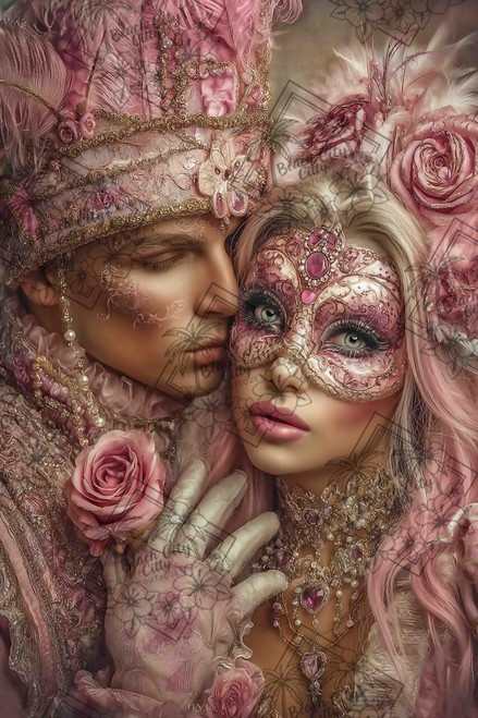 Romantic masked couple dressed in luxurious pink Venetian costumes adorned with roses and sparkling jewels.