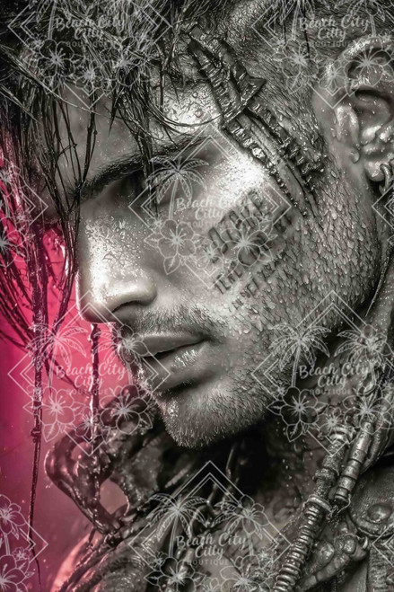 Dramatic black-and-white portrait of a tattooed man with wet hair and bold pink accents in the background.