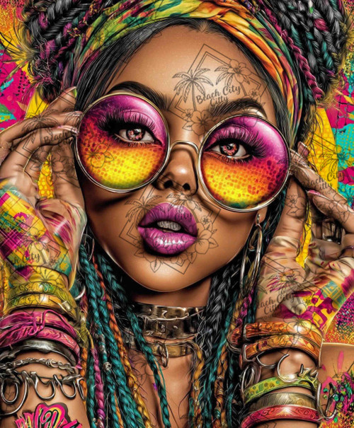 Stylish woman wearing oversized colorful sunglasses surrounded by vibrant pop-art inspired colors and accessories.
