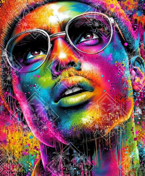 Colorful contemporary portrait featuring a man with sunglasses and vibrant rainbow-inspired paint effects.
