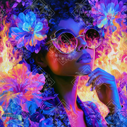 Stylish woman wearing reflective sunglasses surrounded by vibrant flowers and glowing flames in neon-inspired colors.