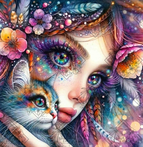 Fantasy girl with dazzling galaxy eyes holding a colorful kitten surrounded by flowers, feathers, stars, and vibrant cosmic colors.