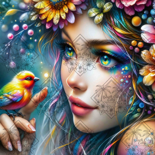 Colorful songbird perched on a woman's finger beside a vibrant fantasy portrait filled with flowers and rainbow-inspired colors.