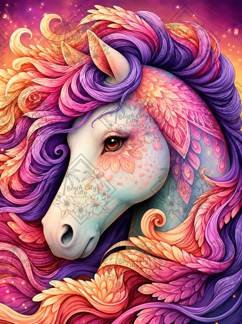 Fantasy horse with flowing pink, purple, and coral mane decorated with intricate feather-like patterns and floral details.