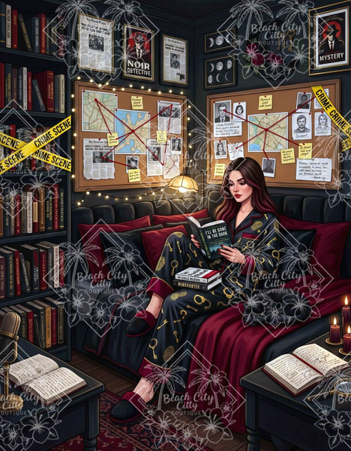 Woman in mystery-themed pajamas reading true crime books inside a dark detective-inspired room filled with evidence boards, books, candles, and noir decor.