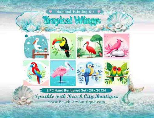 Mini tropical bird diamond painting kit collection featuring colorful parrots, pelicans, toucans, ibis birds, cockatoos, and lovebirds in bright tropical artwork by Cocomarshmallow Art, licensed exclusively to Beach City Boutique.