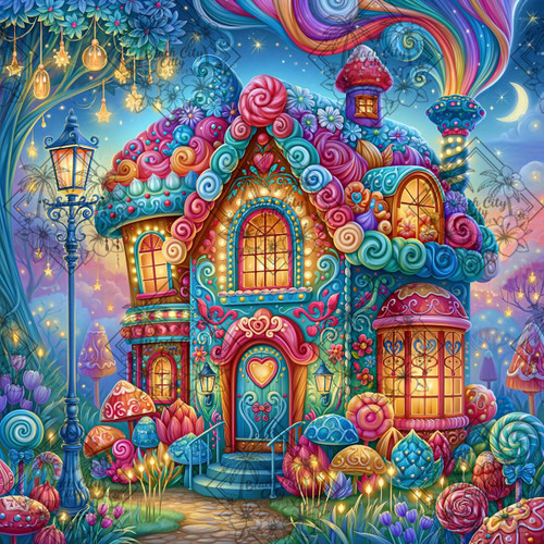 Whimsical candy-inspired cottage glowing beneath a moonlit sky with flowers, mushrooms, and magical lights.