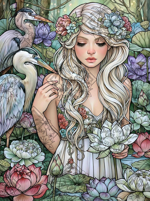 Elegant woman surrounded by blooming lotus flowers and graceful herons in a peaceful garden.