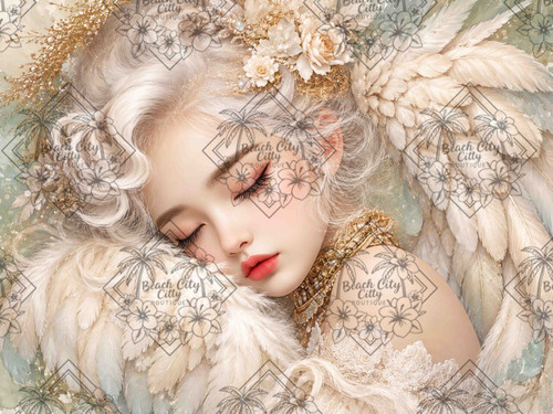 Peaceful sleeping angel with ivory feathers, elegant floral crown, and soft neutral colors.