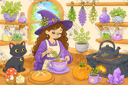 Whimsical young witch brewing herbal tea in a cozy cottage kitchen with a black cat, pumpkins, crystals, herbs, and glowing stove by Kelly Reins.