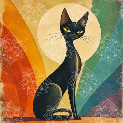 Sophisticated black cat sitting beneath a glowing moon with colorful retro rainbow arches in a mid-century modern design by 1000 No Kotoba.