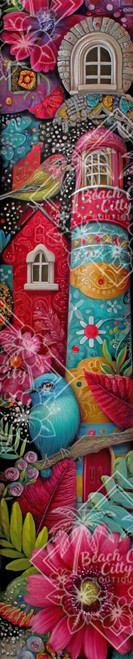 Colorful whimsical lighthouse surrounded by flowers, birds, decorative details, and vibrant fantasy garden elements.