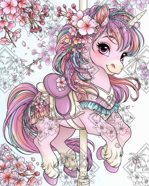 Adorable pastel unicorn carousel horse decorated with pink cherry blossoms and flowing pink, lavender, and aqua mane accents in a kawaii fantasy style.