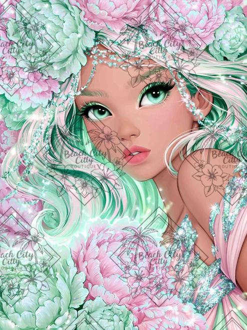 Mint green-haired fantasy beauty surrounded by soft pink peonies, sparkling crystal accents, and dreamy pastel floral details.