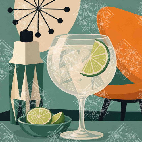 Refreshing gin and tonic style cocktail with lime garnish in a balloon glass beside a vintage cocktail shaker by 1000 No Kotoba.