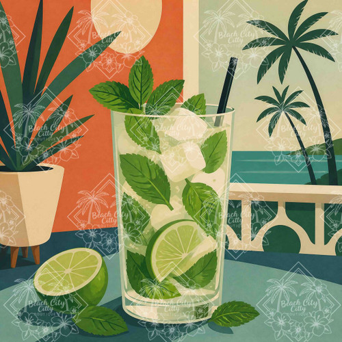 Refreshing mojito with fresh mint, lime, and ice overlooking a tropical beach in retro mid-century modern style by 1000 No Kotoba.