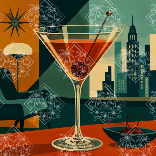 Classic Manhattan cocktail with cherry garnish overlooking a modern city skyline in stylish mid-century modern artwork by 1000 No Kotoba.
