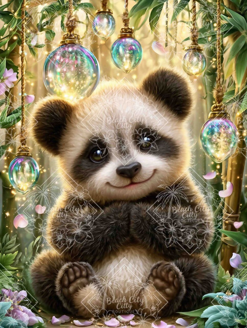 Adorable baby panda surrounded by glowing lantern ornaments and bamboo in a magical fantasy garden.