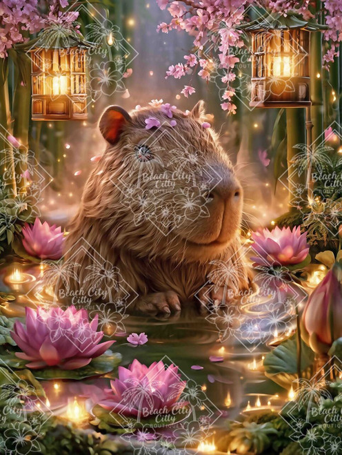 Peaceful capybara resting in a glowing lotus pond surrounded by cherry blossoms and lanterns.