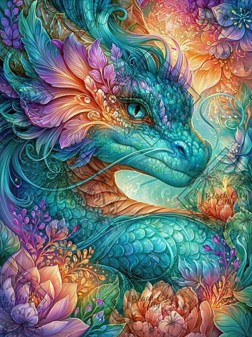 Elegant blue dragon surrounded by colorful flowers and botanical details in a fantasy garden setting.