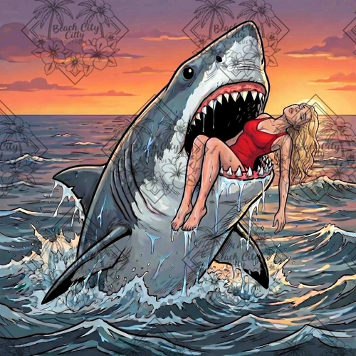Massive great white shark emerging from ocean waves beneath a dramatic sunset sky.