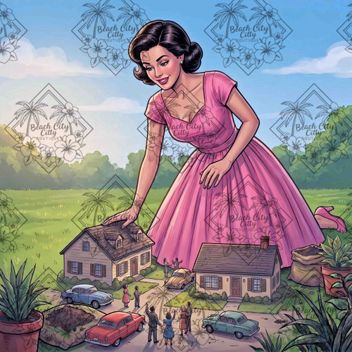 Towering retro housewife striding through a city in a playful vintage monster movie scene.