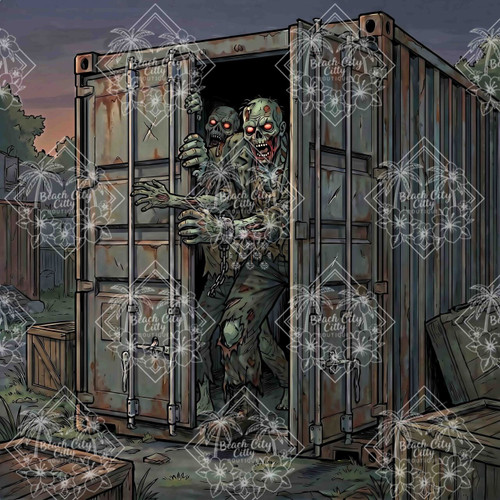 Zombies emerging from shipping containers during a terrifying outbreak scenario.