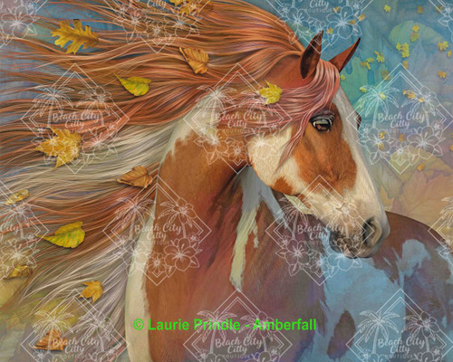 Chestnut and white horse with flowing autumn-colored mane, surrounded by falling leaves against a soft seasonal background by Laurie Prindle.