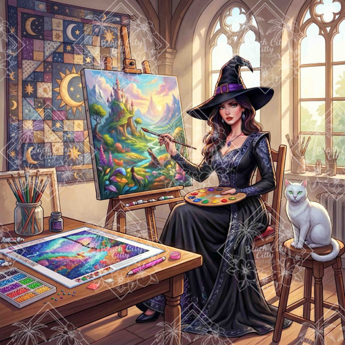 Fantasy witch painting a colorful magical landscape while working on diamond art with a white cat nearby.